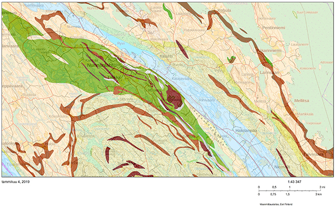The light areas in the map show the several soapstone massifs in the greenstone belt in Nunnanlahti.